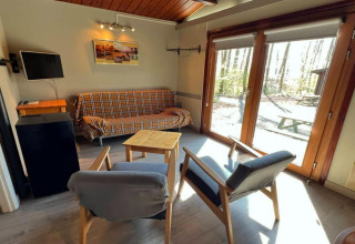 Salon lumineux du chalet LIJSTERNEST en Belgique avec canapé à carreaux et vue sur la forêt.