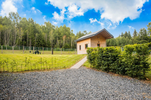 Chalet Rogery 64 in België, houten huisje met omheinde tuin, omgeven door bomen, blauwe lucht erboven.