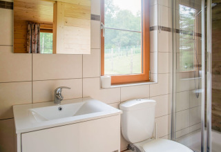 Lichte, moderne badkamer in chalet Rogery 64 in België met raam, douche, wastafel en toilet.
