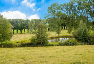 Uitzicht op een veld, vijver en bomen bij chalet Rogery 64 in België onder een blauwe lucht.