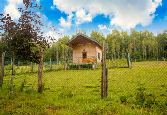 Chalet 'Rogery 64' in Belgium, surrounded by a fence and lush greenery with forest in the background.