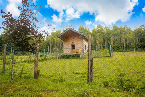 Chalet 'Rogery 64' in België, omringd door een hekwerk, groen gras en bos op de achtergrond.