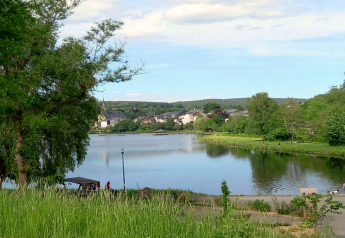View over a lake with cottages and lush trees from Rogery 64, a chalet in Belgium on a sunny day.