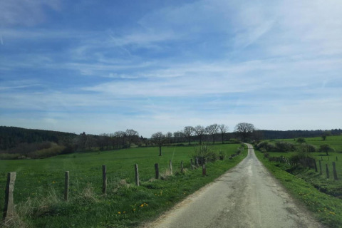 Landschapsfoto vanaf chalet Rogery 64 in België, met een weg, groene velden en een blauwe lucht.
