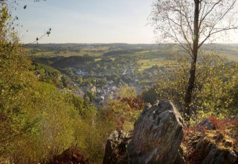View from chalet Rogery 64 in Belgium, showing trees, rocks and a village in a lush green valley.