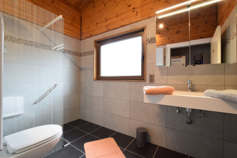 Moderne badkamer met houten plafond in lodge Famenne in België, voorzien van douche, wastafel en tegels.