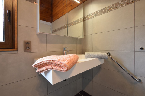 Moderne badkamer in lodge Famenne in België met witte wasbak, grote spiegel en twee handdoeken.