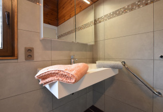 Moderne badkamer in lodge Famenne in België met witte wasbak, grote spiegel en twee handdoeken.