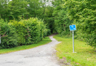 Grussti i grønne omgivelser ved glamping med skilte for fodgængere, cyklister og ryttere i skoven.