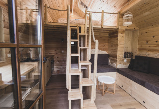 Interior view of the 'Bird Nest' tree house in Belgium, featuring wood decor, loft bed, and cozy sofa.