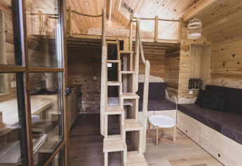 Vista interna della casa sull'albero 'Bird Nest' in Belgio con arredi in legno, soppalco e divani accoglienti.