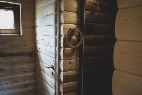 Interno della casa sull'albero Bird Nest in Belgio con pareti in legno rustico, porta e finestra.