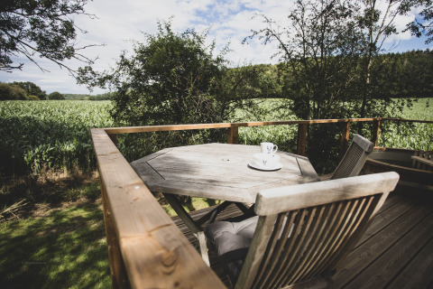 View from the 'Bird Nest' treehouse deck in Belgium with a table, chairs, and lush green scenery.