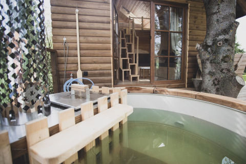 Outdoor tub next to a treehouse with wood walls and large window in Belgium, surrounded by greenery.