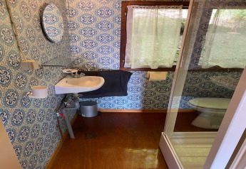 Badkamer in chalet La Bressine, België, met tegelpatroon, kleine wasbak, douche en raam.
