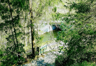 Uitzicht door bomen op een rustige rivier en brug bij chalet La Bressine in het Belgische landschap.