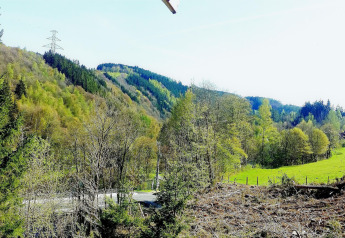 Zicht vanaf chalet 'La Bressine' in België op groene heuvels, bossen en een zonnige blauwe lucht.