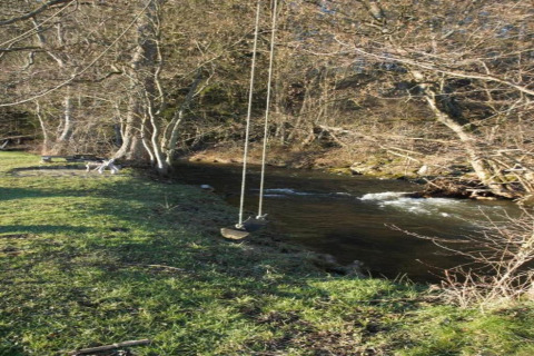 Een foto van een schommel bij een rivier omringd door bomen en gras op een glampingaccommodatie.