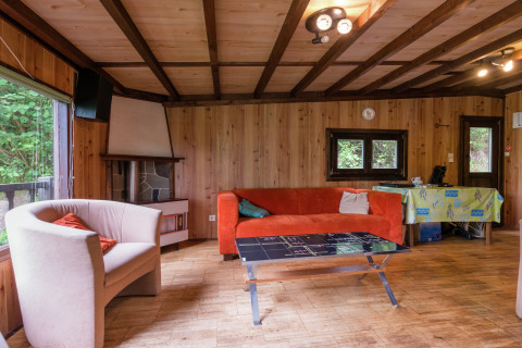 Woonkamer in lodge Le Chession in België, met houten wanden, oranje bank en uitzicht op het bos buiten.