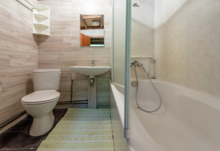 Badkamer met toilet, wastafel, spiegel, bad en groen vloerkleed in lodge Le Chession in België.