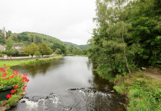 Rustige rivier met bomen en bloemen bij Le Chession lodge in België, omgeven door natuur.