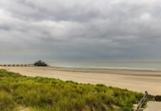 Vista de playa tranquila con dunas, muelle y cielo nublado en Resort Beachside 5, Bélgica.