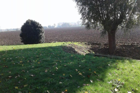 Blick von Hausboot St Antoine in Belgien auf eine grüne Wiese, Bäume und ein gepflügtes Feld.