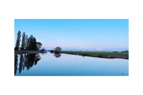 Blick von Hausboot St Antoine in Belgien auf ruhiges Wasser, Felder und Bäume unter einem blauen Himmel.