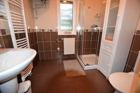 Bagno moderno allo chalet Marcela in Repubblica Ceca con doccia, lavandino, WC e radiatore.