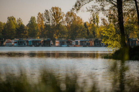 Houseboat ormeggiate su un lago tranquillo a Zehdenick, circondate da alberi e natura rigogliosa.