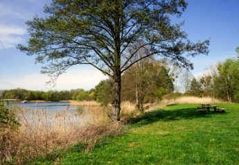 Vredige oever in Zehdenick met picknicktafels, bomen en blauwe lucht bij de Houseboat.