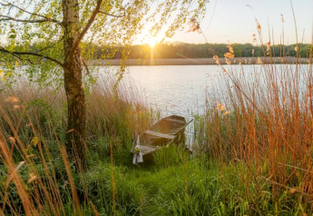 Sonnenuntergang am See mit Schilf, Bäumen und einem Boot nahe Houseboat in Zehdenick, Deutschland.