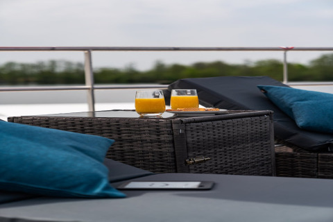 To glas appelsinjuice og småkager på et bord på en husbåd med blå puder og natur i Tyskland.