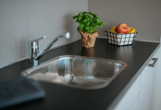 Kitchen sink with black countertop, basil plant, and fruit basket on a houseboat in Zehdenick, Germany.