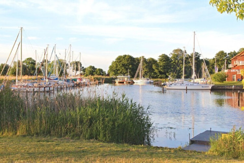 Photo of a peaceful marina with houseboats, sailboats and lush greenery, sunlight reflecting on water.