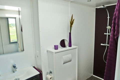 Modern bathroom on houseboat Xenia in Germany with purple accents, shower, and bright white walls.