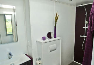 Modern bathroom on houseboat Xenia in Germany with purple accents, shower, and bright white walls.
