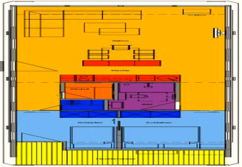 Plattegrond van woonboot ‘Xenia’ in Duitsland met kleurzones voor leefruimte, keuken, badkamer en slaapkamers.