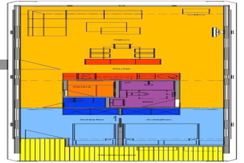 Floor plan of houseboat 'Xenia' in Germany, showing colored living, kitchen, bathroom and sleeping areas.