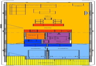 Floor plan of houseboat 'Xenia' in Germany, showing colored living, kitchen, bathroom and sleeping areas.