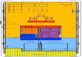Plan de la péniche 'Xenia' en Allemagne, montrant les zones salon, cuisine, salle de bain et chambres en couleur.