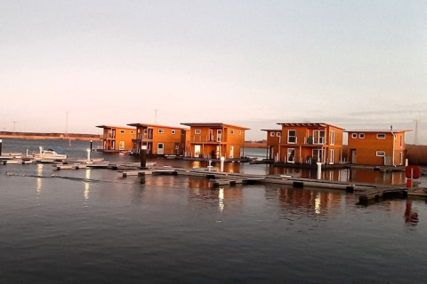 Billede af moderne husbåde fortøjet ved en hyggelig marina med rolige vand og aftensol i baggrunden.
