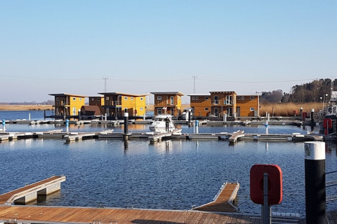 Foto van moderne woonboten in een jachthaven met houten steigers en rustig water op een zonnige dag.