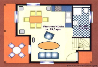 Grundriss eines Hausboots mit Wohnzimmer, Küche, Bad und Essbereich, farblich hervorgehoben.