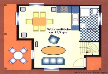 Plano de una casa flotante con salón, cocina, baño y comedor, todos claramente indicados con colores.