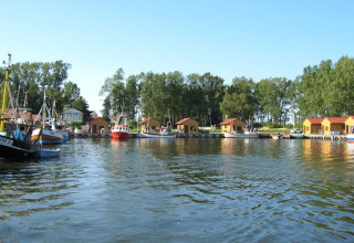 Colorful houseboats and fishing boats are docked along a wooded shoreline under a clear blue sky.