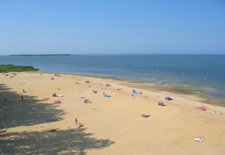 Udsigt fra en husbåd over en rolig strand med spredte badegæster og små telte under en blå himmel.