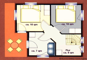 Plano de casa flotante con dos dormitorios de 10 m², sala de 7 m², pasillo de 8 m² y terraza.