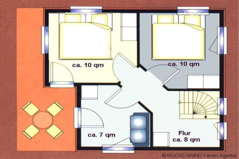 Woonboot plattegrond met twee slaapkamers van 10 m², leefruimte van 7 m², gang van 8 m² en terras.
