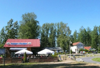 Restaurant Freister Fischhus med udendørs siddepladser og parasoller, omgivet af træer på en solrig dag.